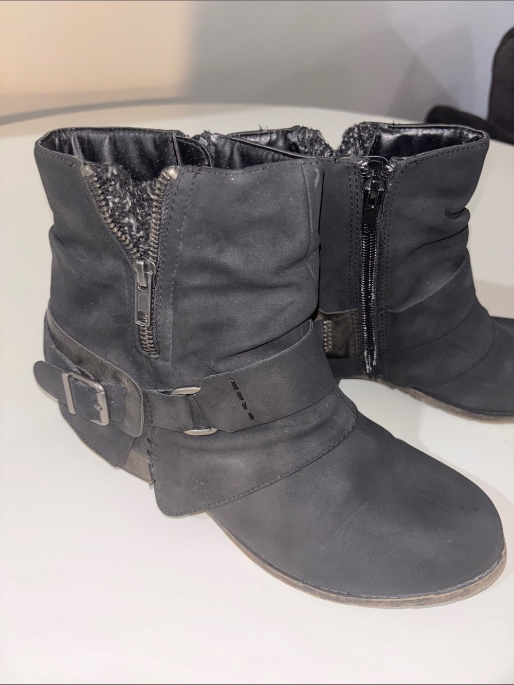 Women's Black Faux-Suede Ankle Booties with Buckle Strap and Inner Zipper